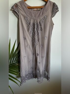 Embroidered Taupe Midi Skirt — Delicate Sheer Design